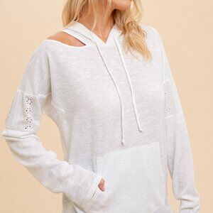 HEM & THREAD White Eyelet Cold Shoulder Hoodie, Lightweight Boho Pullover Top